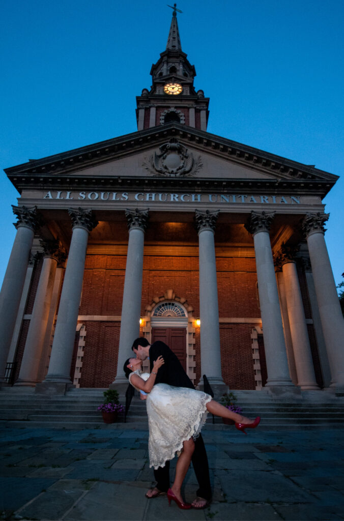 Wedding kiss in front of All Souls Church