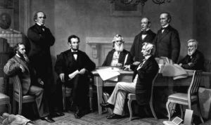 Painting of Abraham Lincoln and other notable leaders drafting the Emancipation Proclamation