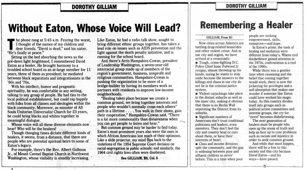 Gilliam article on Eaton, Washington Post, October 24, 1992