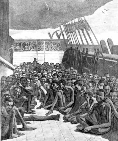 Illustration of a slave ship, showing many enslaved people sitting on the deck of a ship