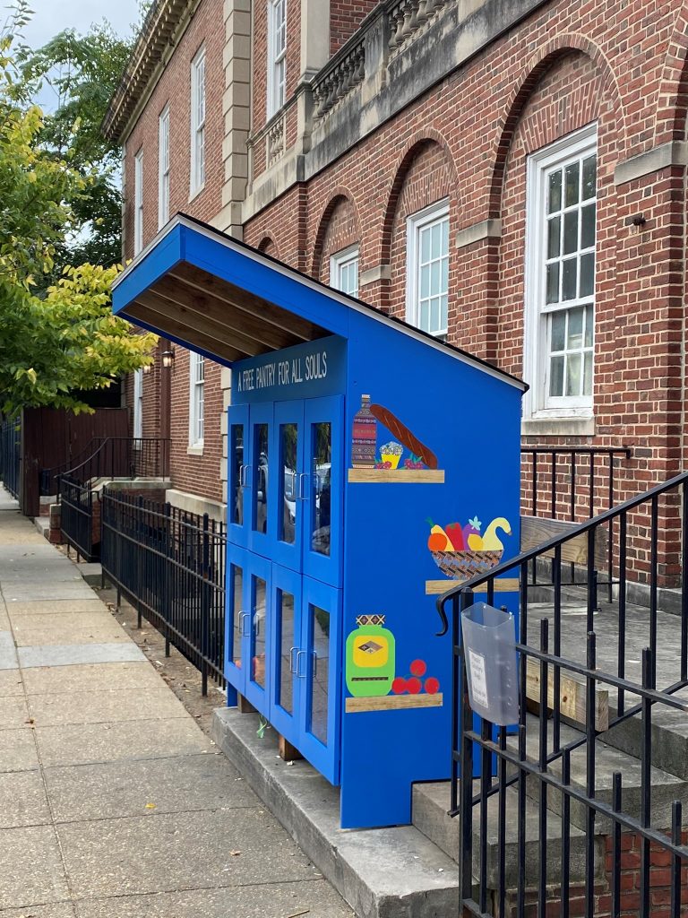 Picture of the larger cabinets installed on the 15th Street side of All Souls to house the Little Free Pantry