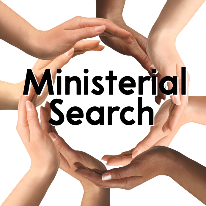 A circle of multiracial hands holding the words Ministerial Search