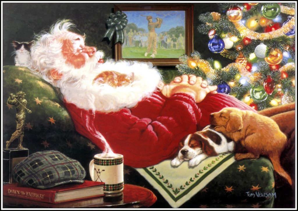 Picture of Santa sleeping in a recliner with a kitten sleeping in his beard and two puppies on his lap. A Long Winter's Nap by Tom Newsom